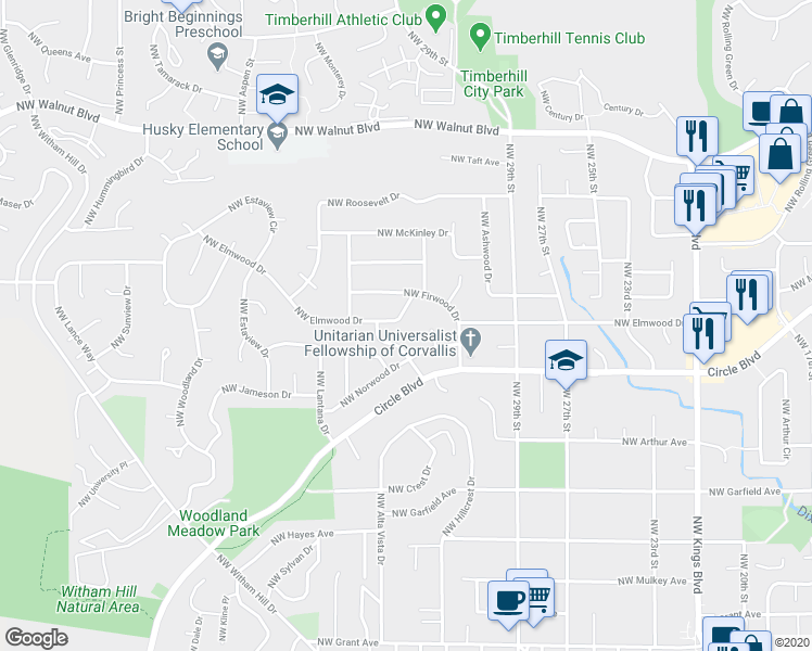 map of restaurants, bars, coffee shops, grocery stores, and more near 3312 Northwest Elmwood Drive in Corvallis