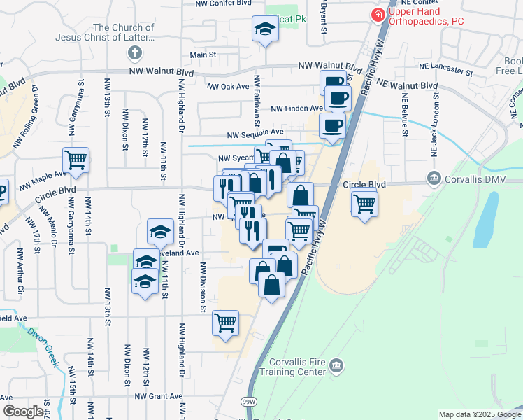 map of restaurants, bars, coffee shops, grocery stores, and more near 170 Northeast Circle Boulevard in Corvallis
