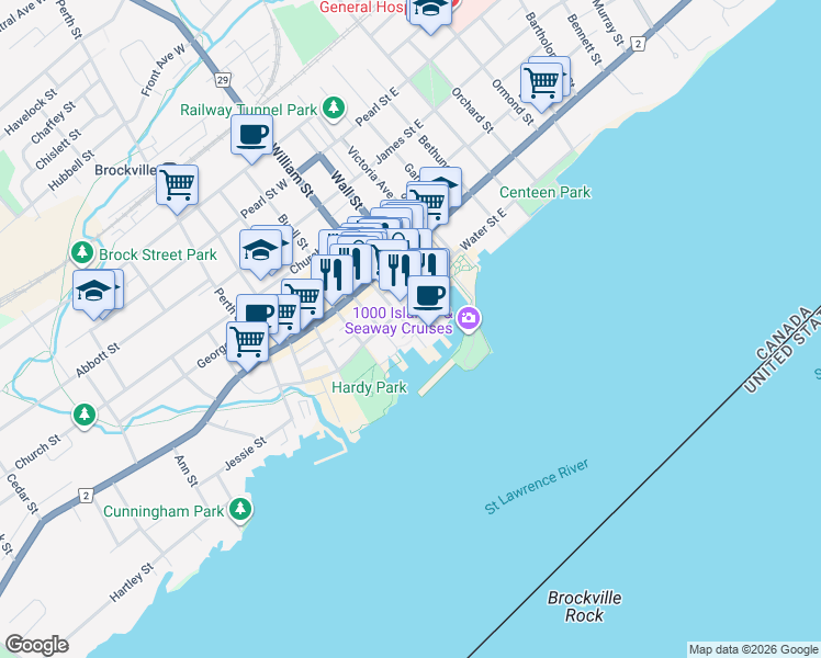 map of restaurants, bars, coffee shops, grocery stores, and more near 10 Saint Andrew Street in Brockville