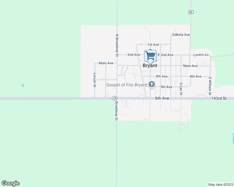 map of restaurants, bars, coffee shops, grocery stores, and more near 43700 193rd Street in Bryant