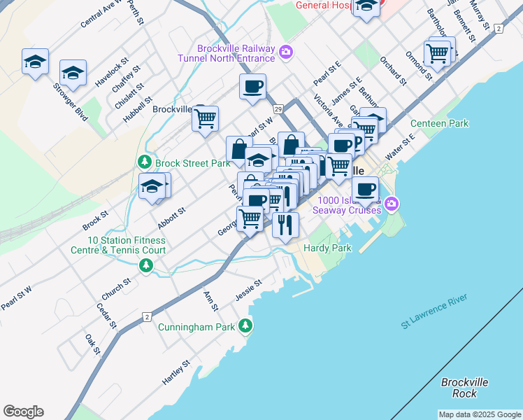 map of restaurants, bars, coffee shops, grocery stores, and more near in Brockville