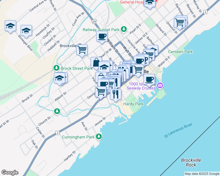 map of restaurants, bars, coffee shops, grocery stores, and more near 37 John Street in Brockville