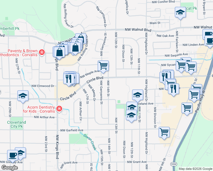 map of restaurants, bars, coffee shops, grocery stores, and more near 1910 Northwest 14th Street in Corvallis