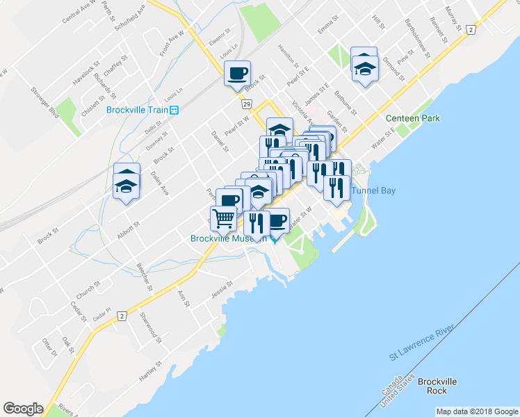 map of restaurants, bars, coffee shops, grocery stores, and more near 184 King Street West in Brockville