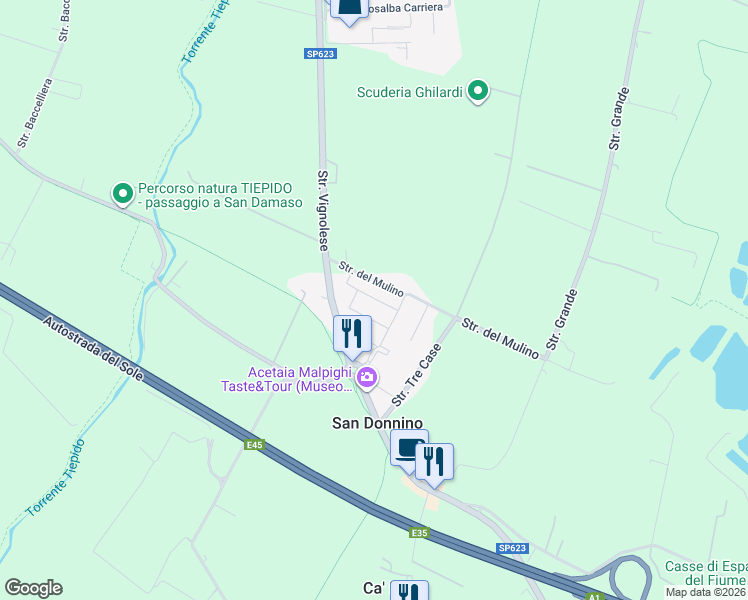 map of restaurants, bars, coffee shops, grocery stores, and more near 8 Via del Biancospino in San Donnino