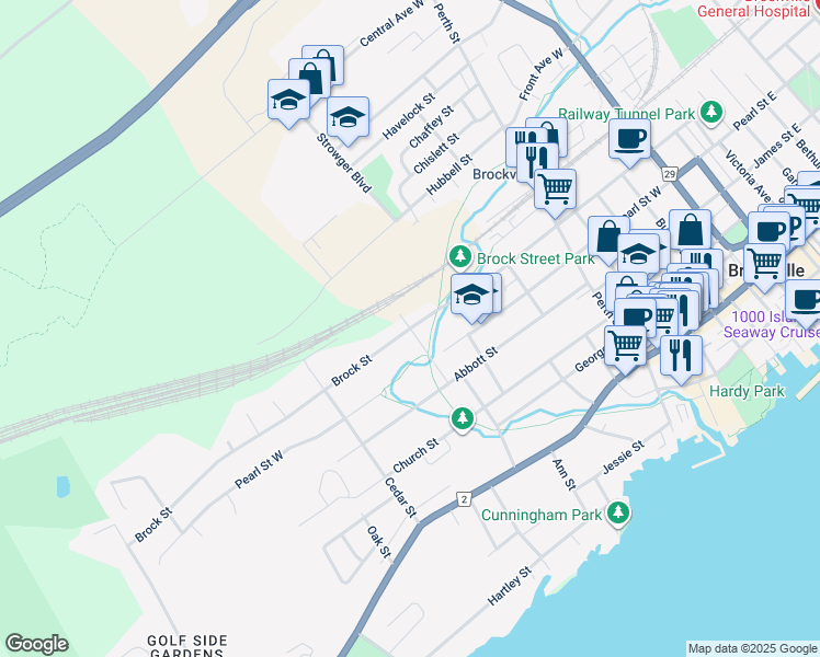 map of restaurants, bars, coffee shops, grocery stores, and more near Brock Street in Brockville