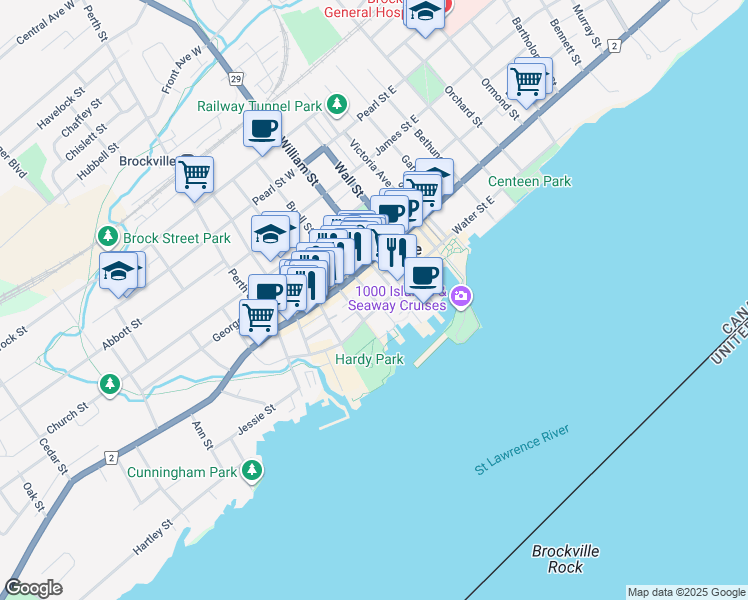 map of restaurants, bars, coffee shops, grocery stores, and more near 26 Apple Street in Brockville