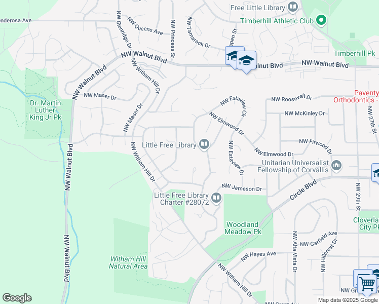 map of restaurants, bars, coffee shops, grocery stores, and more near 2062 Northwest Myrtlewood Way in Corvallis