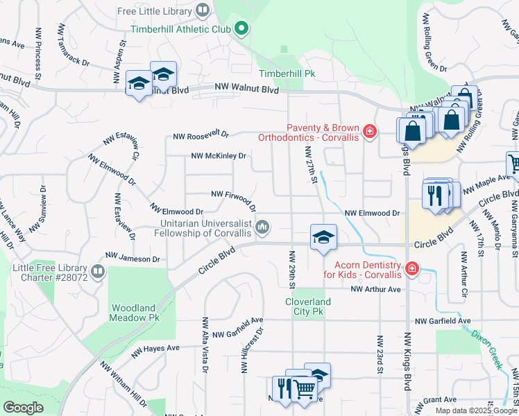 map of restaurants, bars, coffee shops, grocery stores, and more near 3004 Northwest Firwood Drive in Corvallis