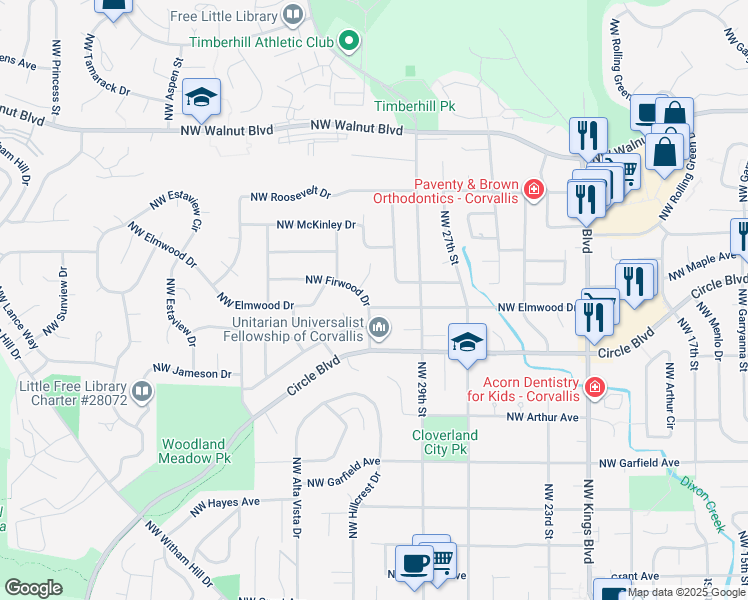 map of restaurants, bars, coffee shops, grocery stores, and more near 3004 Northwest Firwood Drive in Corvallis