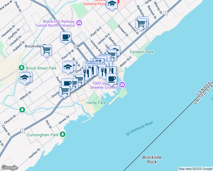 map of restaurants, bars, coffee shops, grocery stores, and more near 5 Apple Street in Brockville