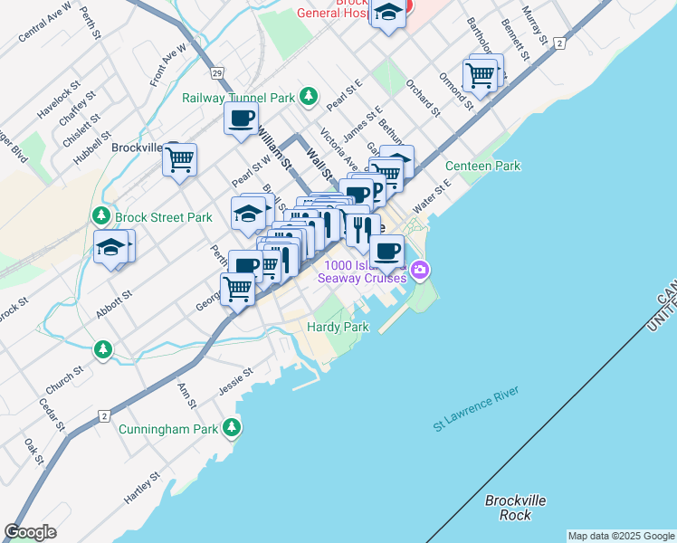 map of restaurants, bars, coffee shops, grocery stores, and more near 26 Apple Street in Brockville