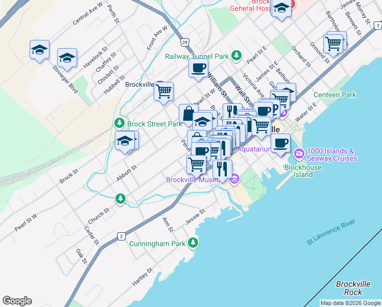 map of restaurants, bars, coffee shops, grocery stores, and more near 16 Perth Street in Brockville