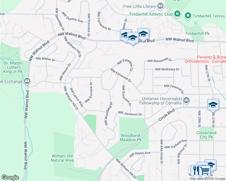 map of restaurants, bars, coffee shops, grocery stores, and more near 2021 Northwest Woodland Drive in Corvallis