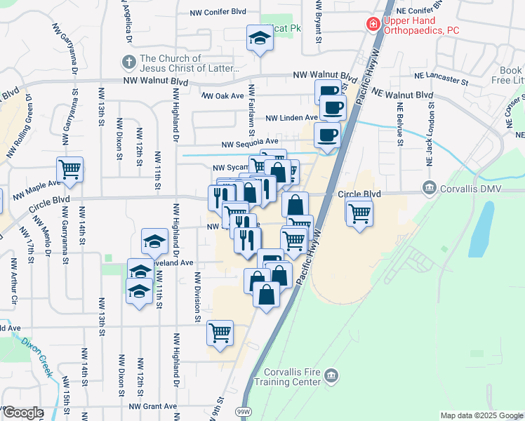 map of restaurants, bars, coffee shops, grocery stores, and more near 170 Northeast Circle Boulevard in Corvallis