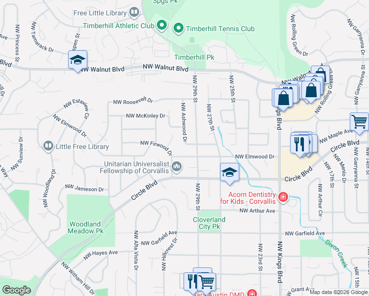 map of restaurants, bars, coffee shops, grocery stores, and more near 3045 Northwest Firwood Place in Corvallis