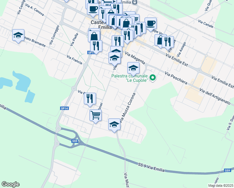 map of restaurants, bars, coffee shops, grocery stores, and more near 14 Via Pietro Melecchi in Castelfranco Emilia