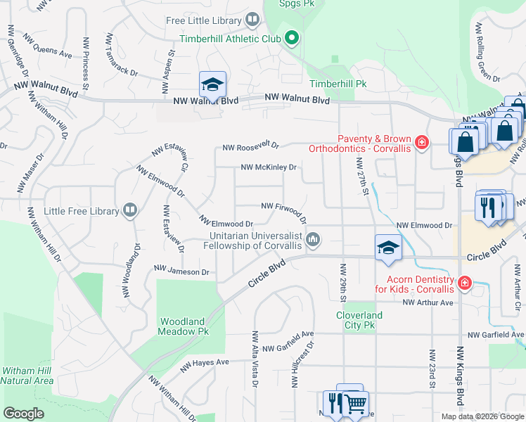 map of restaurants, bars, coffee shops, grocery stores, and more near 3317 Northwest Firwood Drive in Corvallis