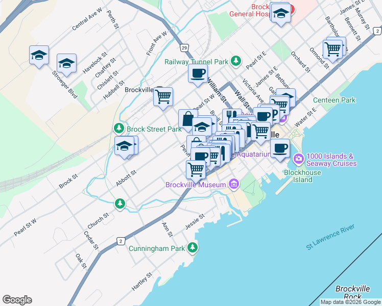 map of restaurants, bars, coffee shops, grocery stores, and more near 96 Church Street in Brockville