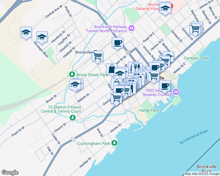 map of restaurants, bars, coffee shops, grocery stores, and more near 46 Perth Street in Brockville