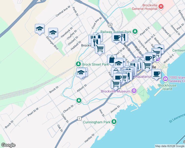 map of restaurants, bars, coffee shops, grocery stores, and more near 169 Pearl Street West in Brockville