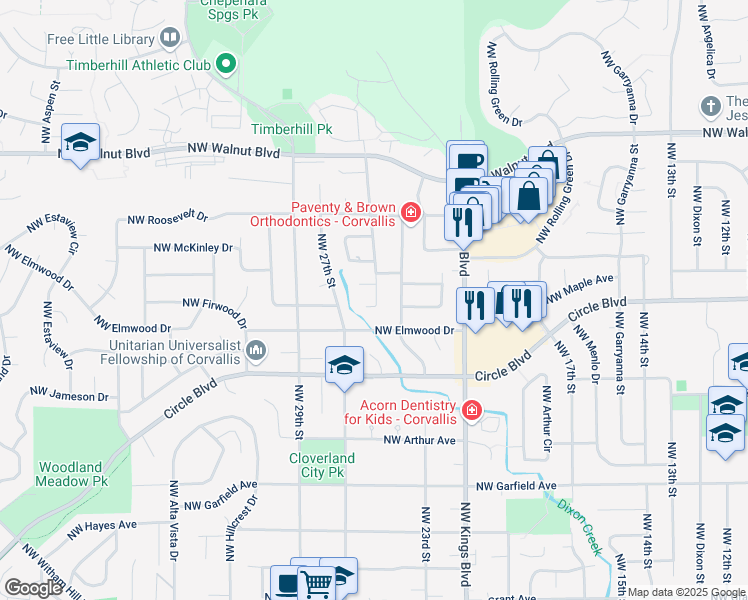 map of restaurants, bars, coffee shops, grocery stores, and more near 2140 Northwest 25th Place in Corvallis