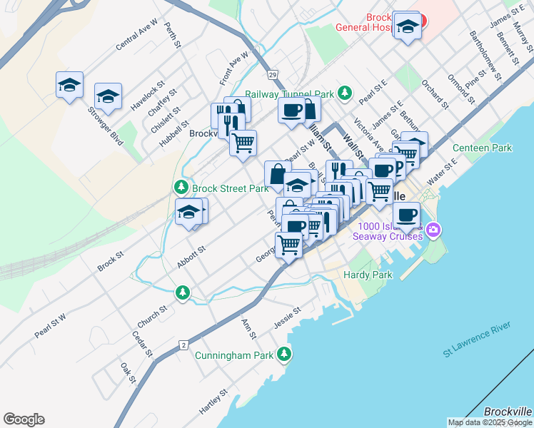 map of restaurants, bars, coffee shops, grocery stores, and more near 56 Perth Street in Brockville
