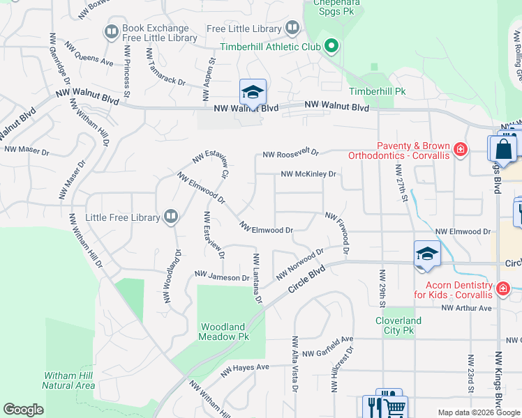 map of restaurants, bars, coffee shops, grocery stores, and more near 3680 Northwest Roosevelt Drive in Corvallis