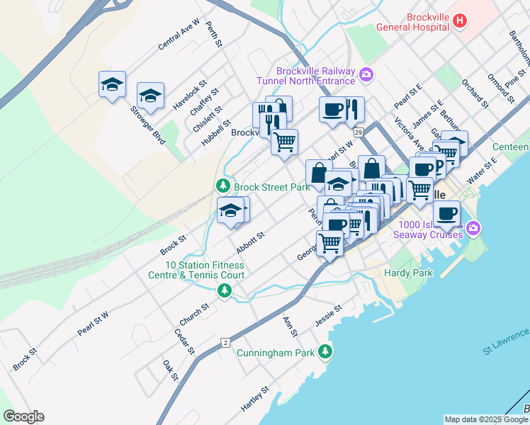 map of restaurants, bars, coffee shops, grocery stores, and more near 167 Pearl Street West in Brockville