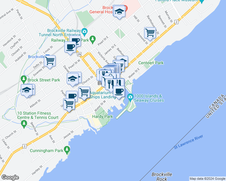 map of restaurants, bars, coffee shops, grocery stores, and more near 28 Broad Street in Brockville