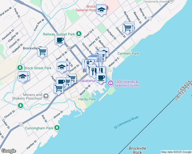 map of restaurants, bars, coffee shops, grocery stores, and more near 30A Broad Street in Brockville