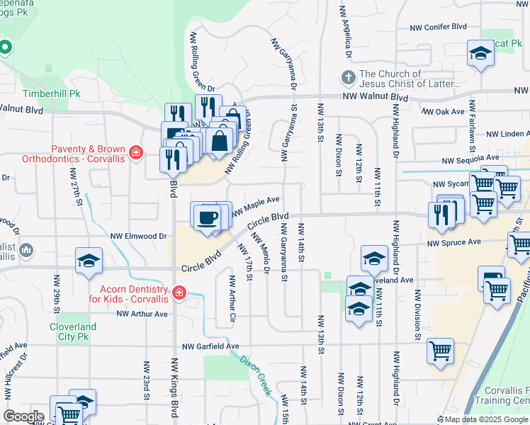 map of restaurants, bars, coffee shops, grocery stores, and more near 1520 Northwest Maple Avenue in Corvallis
