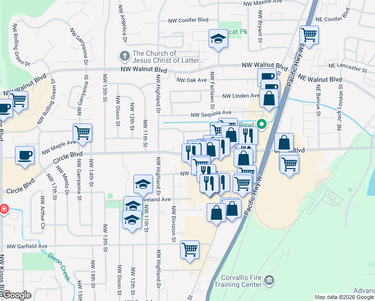 map of restaurants, bars, coffee shops, grocery stores, and more near 971 Northwest Circle Boulevard in Corvallis