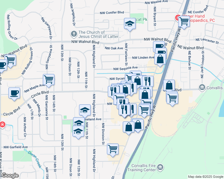 map of restaurants, bars, coffee shops, grocery stores, and more near 961 Northwest Circle Boulevard in Corvallis