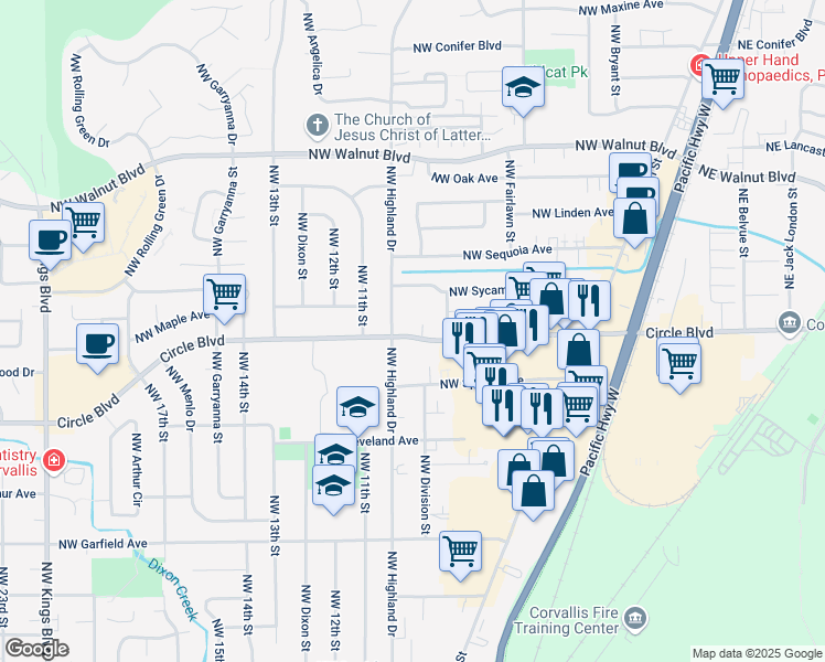 map of restaurants, bars, coffee shops, grocery stores, and more near 981 Northwest Circle Boulevard in Corvallis