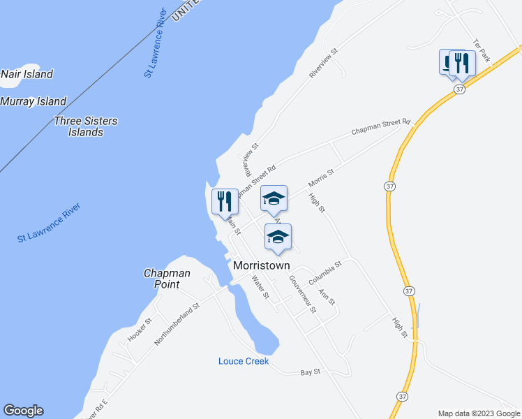 map of restaurants, bars, coffee shops, grocery stores, and more near 503 Morris Street in Ogdensburg