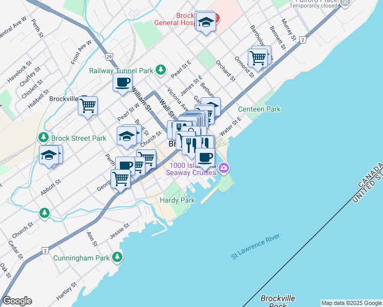 map of restaurants, bars, coffee shops, grocery stores, and more near 36 Broad Street in Brockville