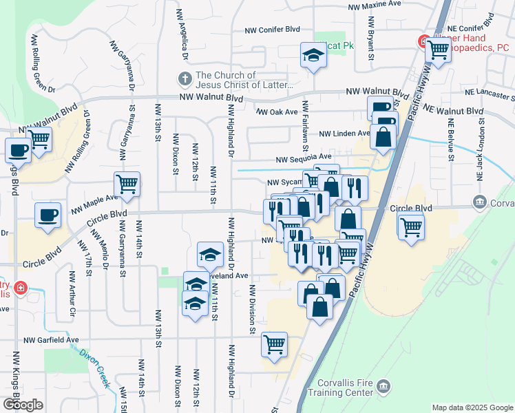 map of restaurants, bars, coffee shops, grocery stores, and more near 981 Northwest Circle Boulevard in Corvallis