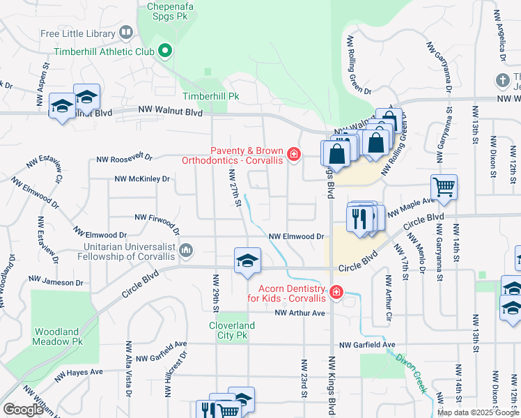 map of restaurants, bars, coffee shops, grocery stores, and more near 2140 Northwest 25th Place in Corvallis