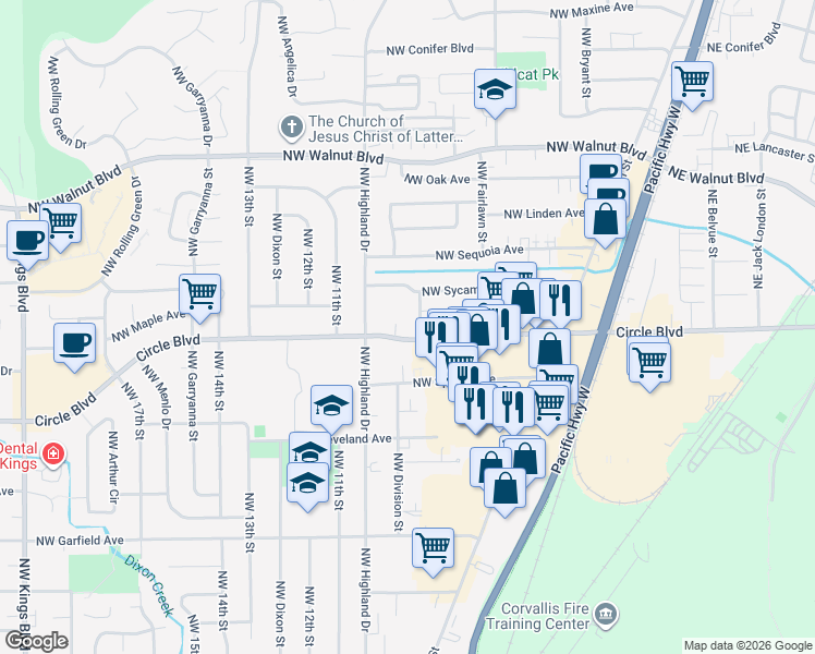 map of restaurants, bars, coffee shops, grocery stores, and more near 981 Northwest Circle Boulevard in Corvallis
