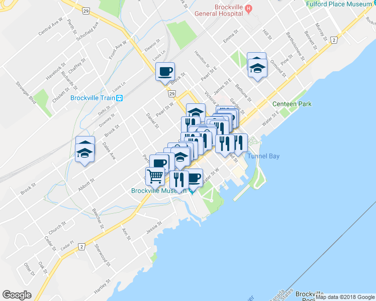 map of restaurants, bars, coffee shops, grocery stores, and more near 9 Chase Street in Brockville