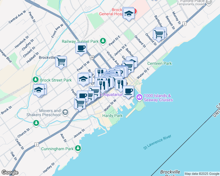map of restaurants, bars, coffee shops, grocery stores, and more near 90 King Street West in Brockville