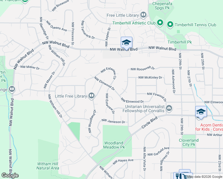map of restaurants, bars, coffee shops, grocery stores, and more near 3850 Northwest Elmwood Drive in Corvallis