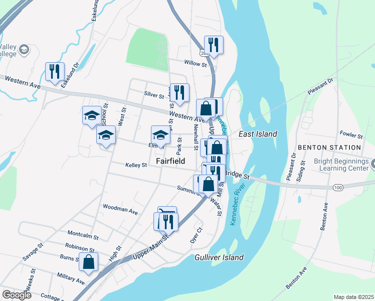 map of restaurants, bars, coffee shops, grocery stores, and more near 7 Elm Street in Fairfield
