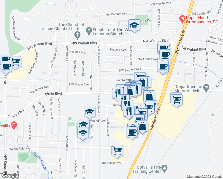 map of restaurants, bars, coffee shops, grocery stores, and more near 2120 Northwest Janssen Street in Corvallis