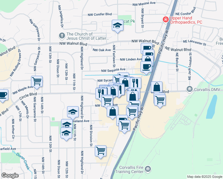 map of restaurants, bars, coffee shops, grocery stores, and more near 945 Northwest Circle Boulevard in Corvallis