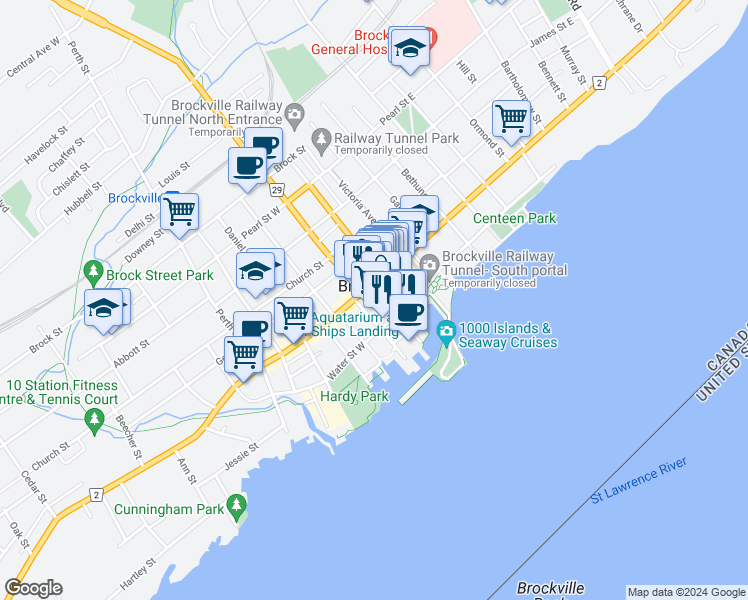map of restaurants, bars, coffee shops, grocery stores, and more near in Brockville
