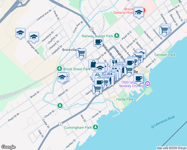 map of restaurants, bars, coffee shops, grocery stores, and more near 123 James Street West in Brockville