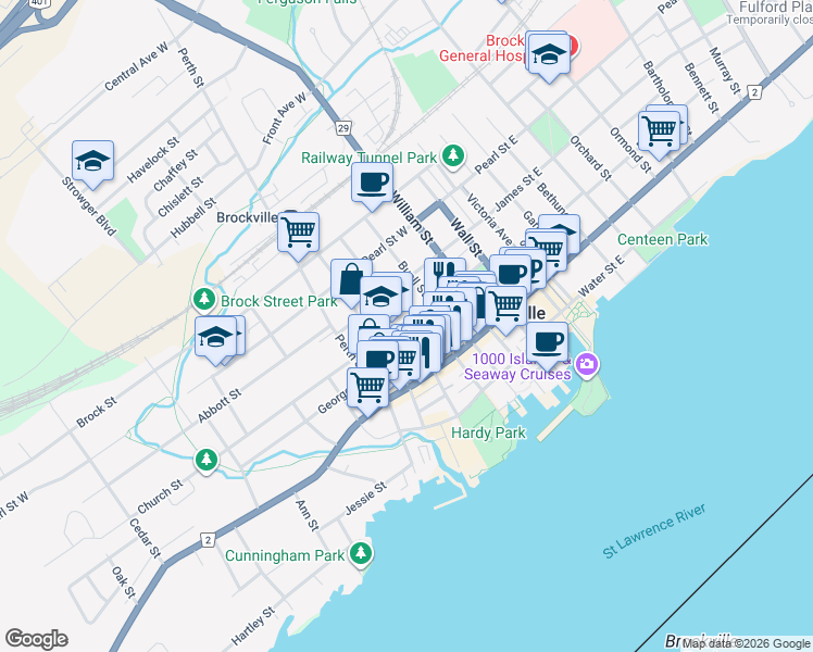 map of restaurants, bars, coffee shops, grocery stores, and more near 55 Church Street in Brockville