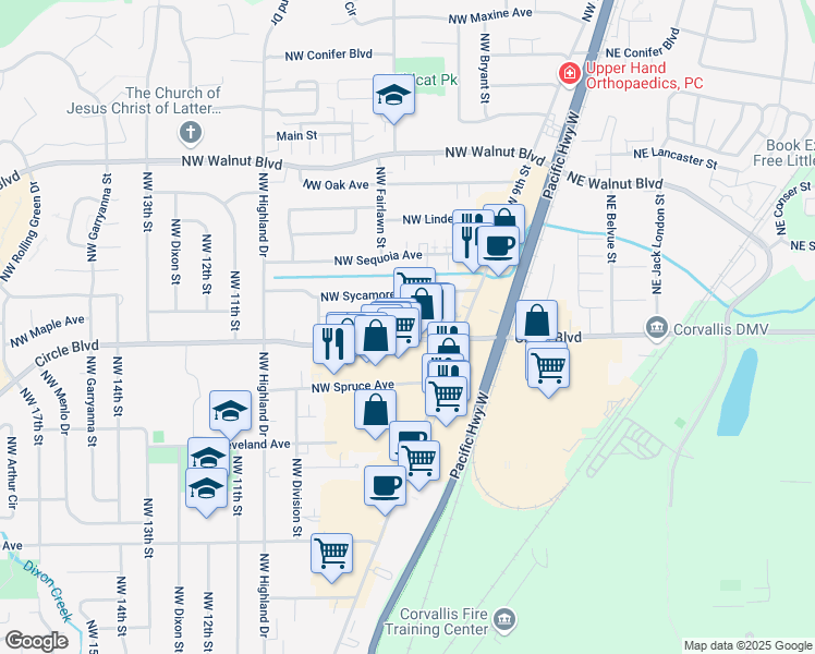 map of restaurants, bars, coffee shops, grocery stores, and more near 927 Northwest Circle Boulevard in Corvallis